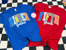 Load image into Gallery viewer, Checkered Pencil Grade tee • all sizes • any color combinations • Kinder, first grade, second grade, third grade, fourth grade, fifth grade