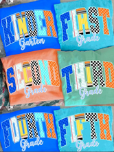 Load image into Gallery viewer, Checkered Pencil Grade tee • all sizes • any color combinations • Kinder, first grade, second grade, third grade, fourth grade, fifth grade
