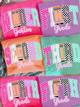 Load image into Gallery viewer, Girly Checkered Pencil Grade tee • all sizes • any color combinations • Kinder, first grade, second grade, third grade, fourth grade, fifth grade
