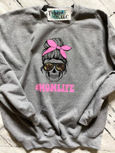 Load image into Gallery viewer, Heather Grey Sweatshirt with regular black vinyl skull, camo sunglasses, and hot pink glitter 
